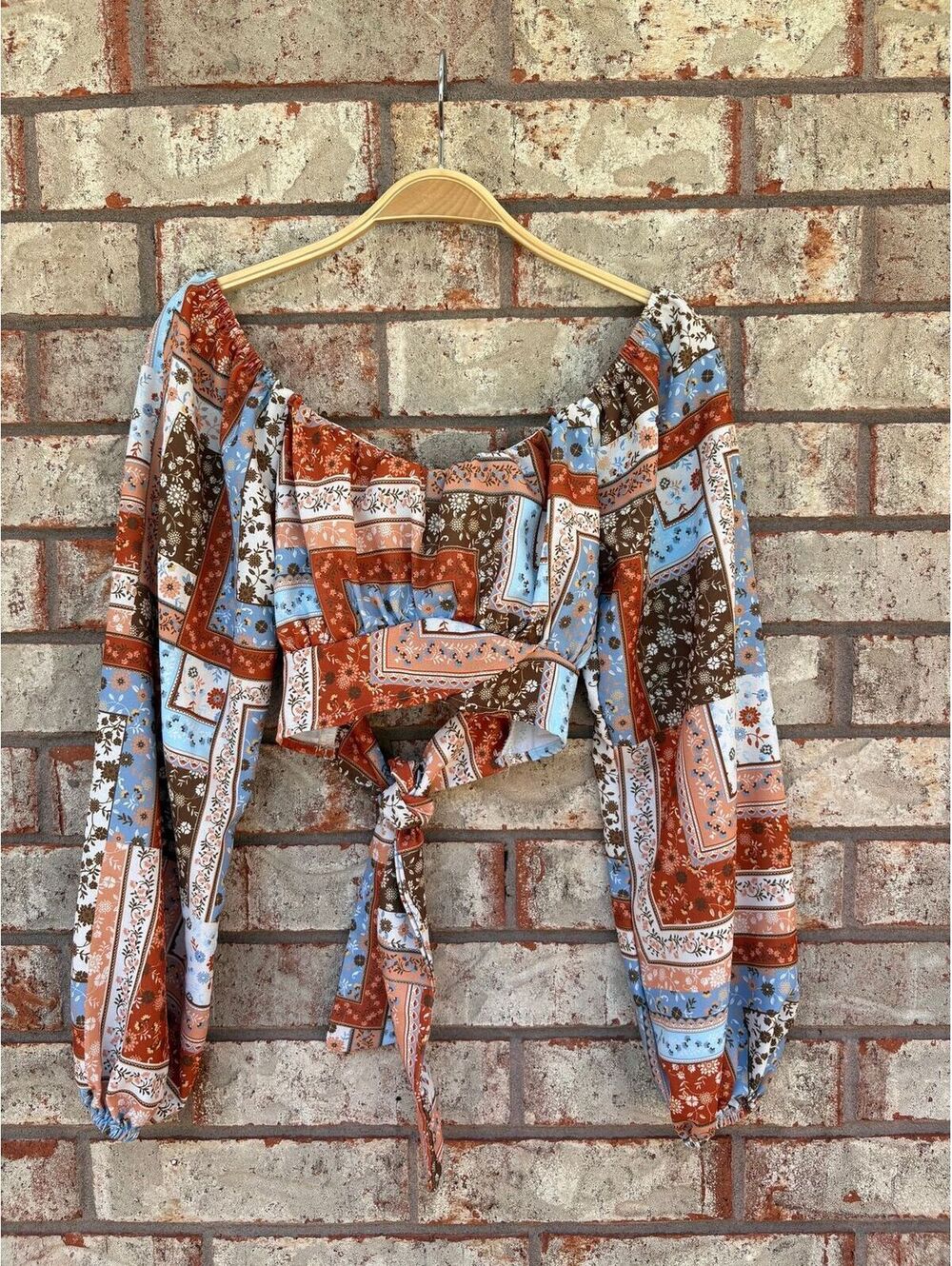 Altar’d State Patchwork Floral Festival Top Tie Front Balloon Sleeve Size XS